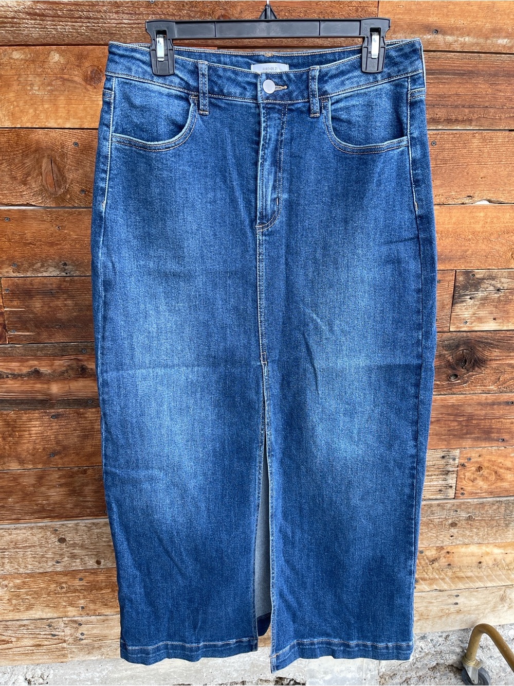 Forever 21 Women’s Large Blue Denim Maxi Skirt Front Slit Stretch